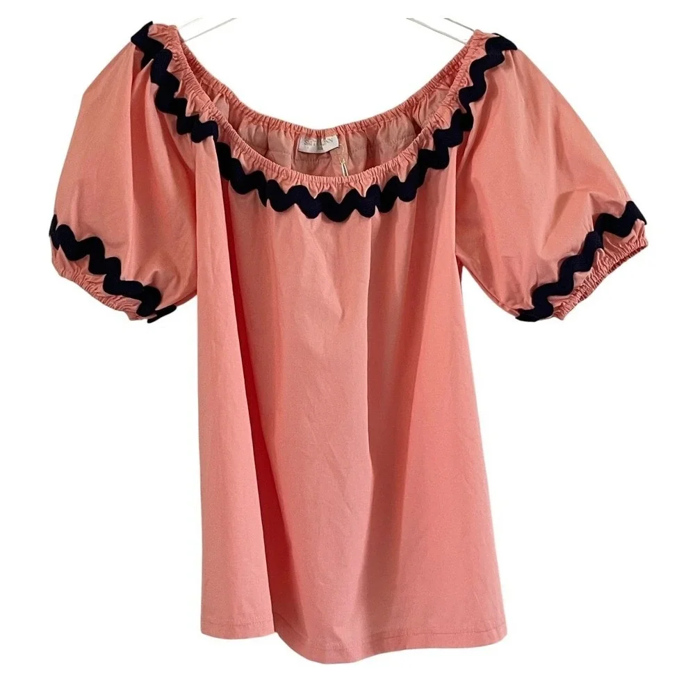 Smith & Quinn Top Womens Small Pink Navy Ric Rac Off Shoulder New Cotton Blouse - Picture 3 of 13